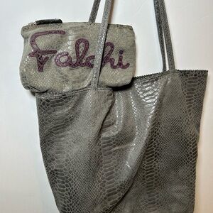 CARLOS FALCHI SILVER/GRAY SNAKESKIN TOTE SHOULDER HANDBAG & POUCH